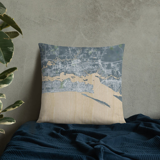 Custom Biloxi Mississippi Map Throw Pillow in Afternoon on Bedding Against Wall