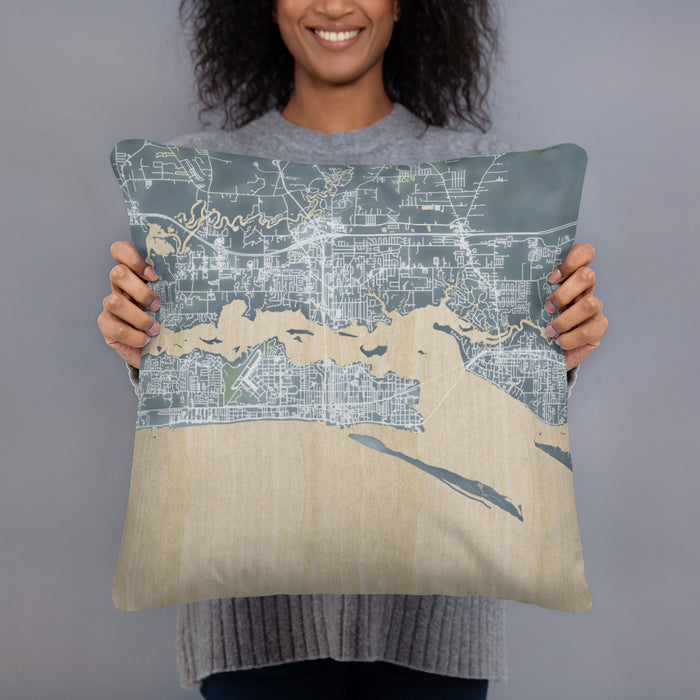 Person holding 18x18 Custom Biloxi Mississippi Map Throw Pillow in Afternoon