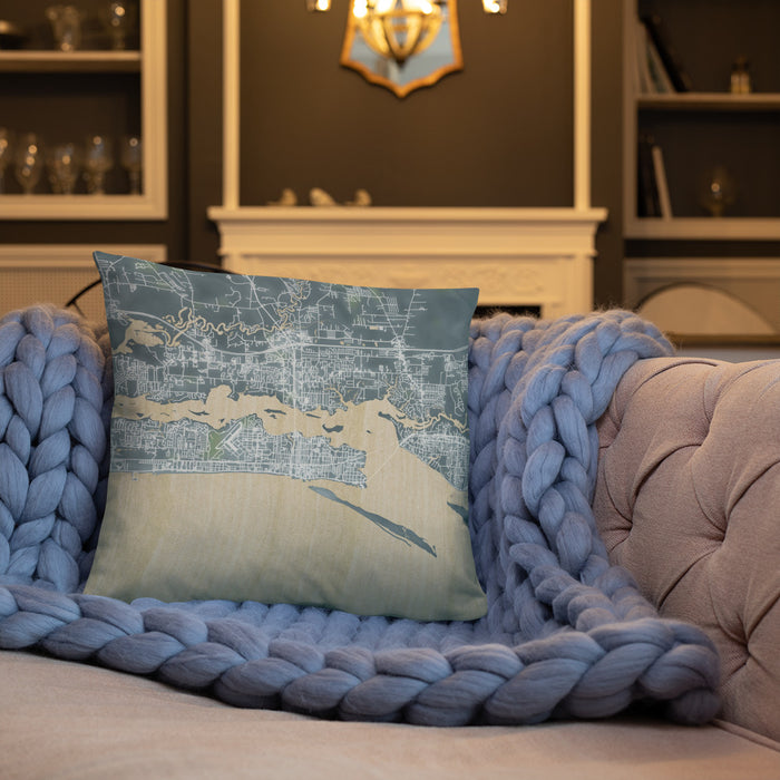 Custom Biloxi Mississippi Map Throw Pillow in Afternoon on Cream Colored Couch