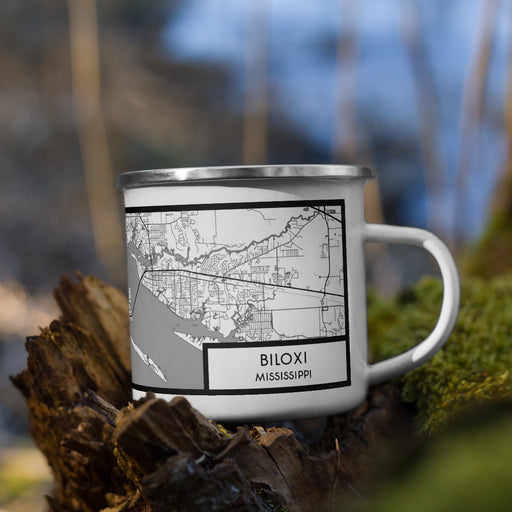 Right View Custom Biloxi Mississippi Map Enamel Mug in Classic on Grass With Trees in Background