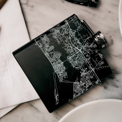 Biloxi Mississippi Custom Engraved City Map Inscription Coordinates on 6oz Stainless Steel Flask in Black