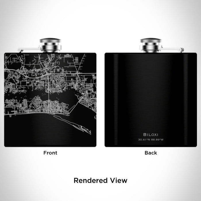 Rendered View of Biloxi Mississippi Map Engraving on 6oz Stainless Steel Flask in Black