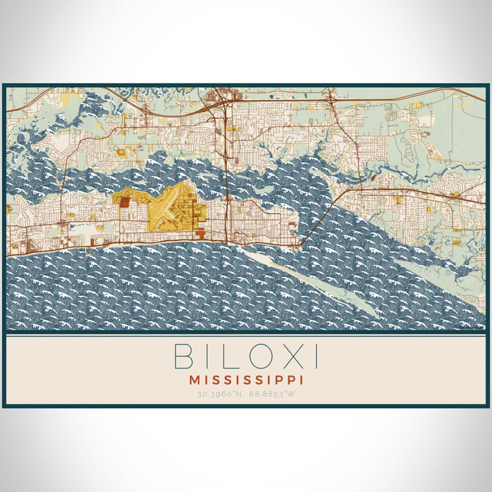 Biloxi Mississippi Map Print Landscape Orientation in Woodblock Style With Shaded Background