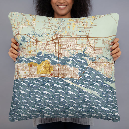 Person holding 22x22 Custom Biloxi Mississippi Map Throw Pillow in Woodblock