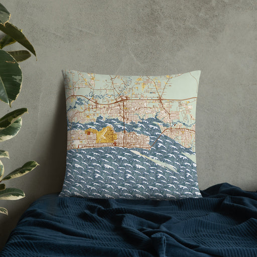 Custom Biloxi Mississippi Map Throw Pillow in Woodblock on Bedding Against Wall