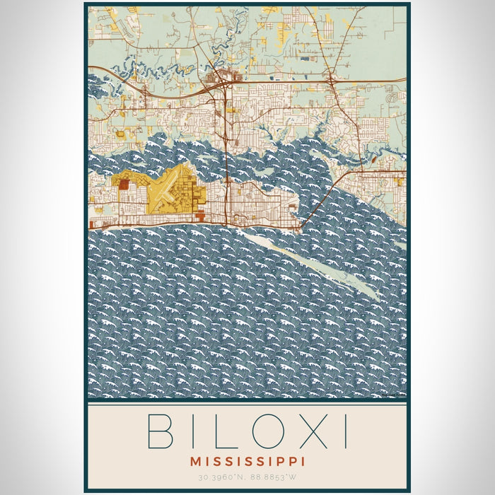 Biloxi Mississippi Map Print Portrait Orientation in Woodblock Style With Shaded Background