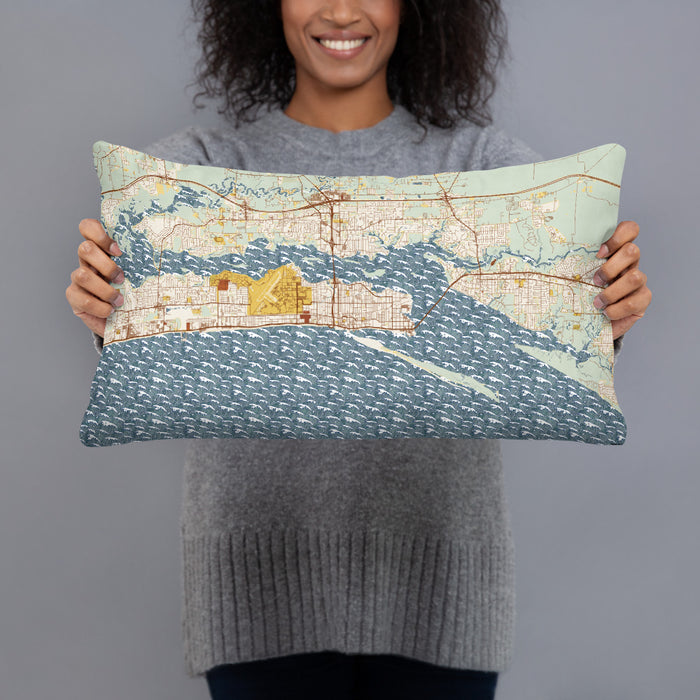 Person holding 20x12 Custom Biloxi Mississippi Map Throw Pillow in Woodblock