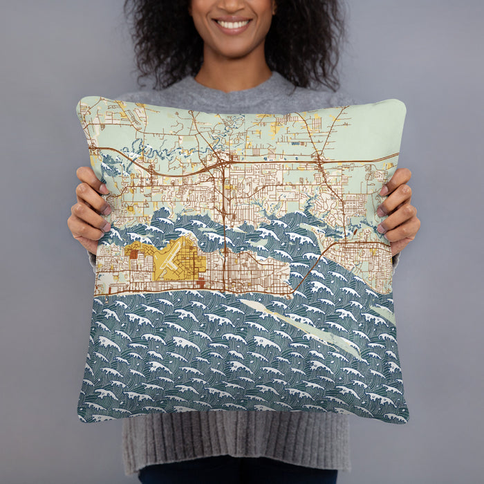 Person holding 18x18 Custom Biloxi Mississippi Map Throw Pillow in Woodblock