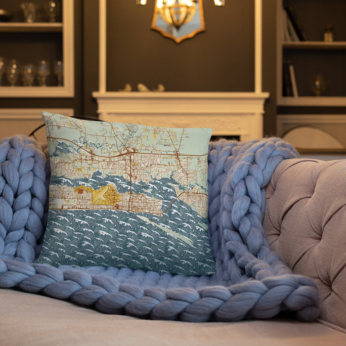 Custom Biloxi Mississippi Map Throw Pillow in Woodblock on Cream Colored Couch