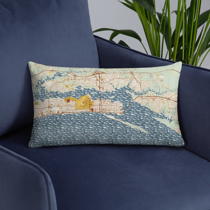 Custom Biloxi Mississippi Map Throw Pillow in Woodblock on Blue Colored Chair