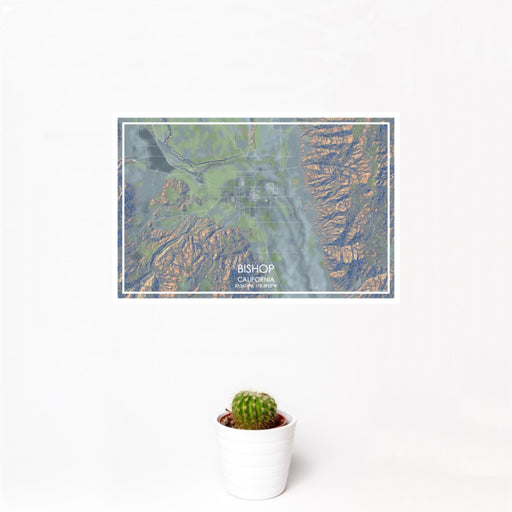 12x18 Bishop California Map Print Landscape Orientation in Afternoon Style With Small Cactus Plant in White Planter