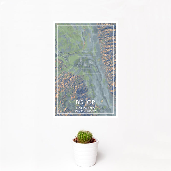 12x18 Bishop California Map Print Portrait Orientation in Afternoon Style With Small Cactus Plant in White Planter