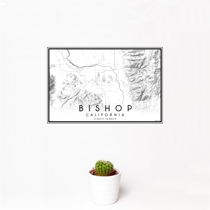 12x18 Bishop California Map Print Landscape Orientation in Classic Style With Small Cactus Plant in White Planter