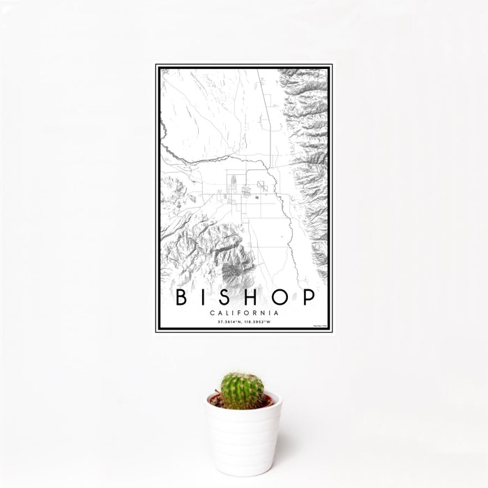 12x18 Bishop California Map Print Portrait Orientation in Classic Style With Small Cactus Plant in White Planter