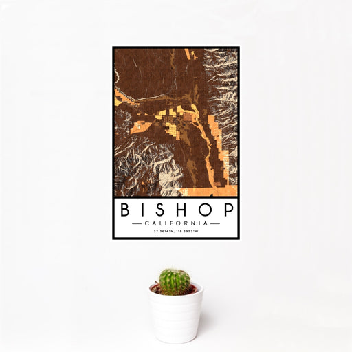 12x18 Bishop California Map Print Portrait Orientation in Ember Style With Small Cactus Plant in White Planter
