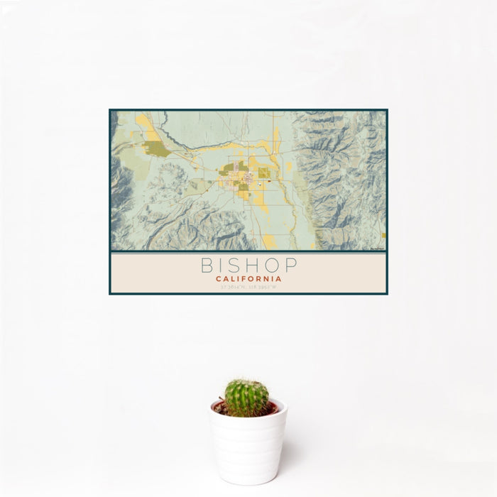 12x18 Bishop California Map Print Landscape Orientation in Woodblock Style With Small Cactus Plant in White Planter