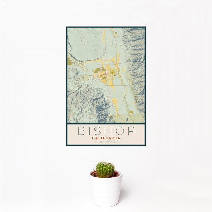 12x18 Bishop California Map Print Portrait Orientation in Woodblock Style With Small Cactus Plant in White Planter