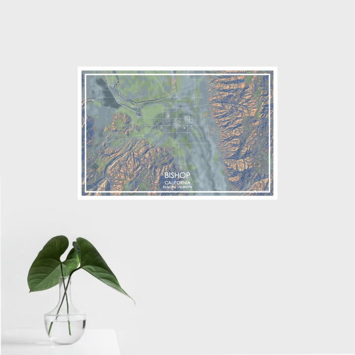 16x24 Bishop California Map Print Landscape Orientation in Afternoon Style With Tropical Plant Leaves in Water