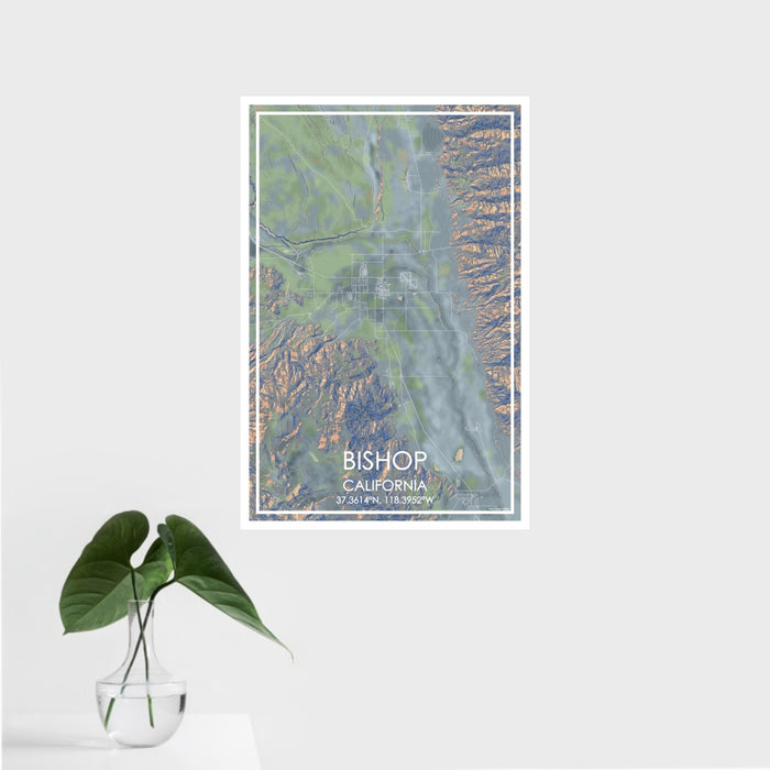 16x24 Bishop California Map Print Portrait Orientation in Afternoon Style With Tropical Plant Leaves in Water