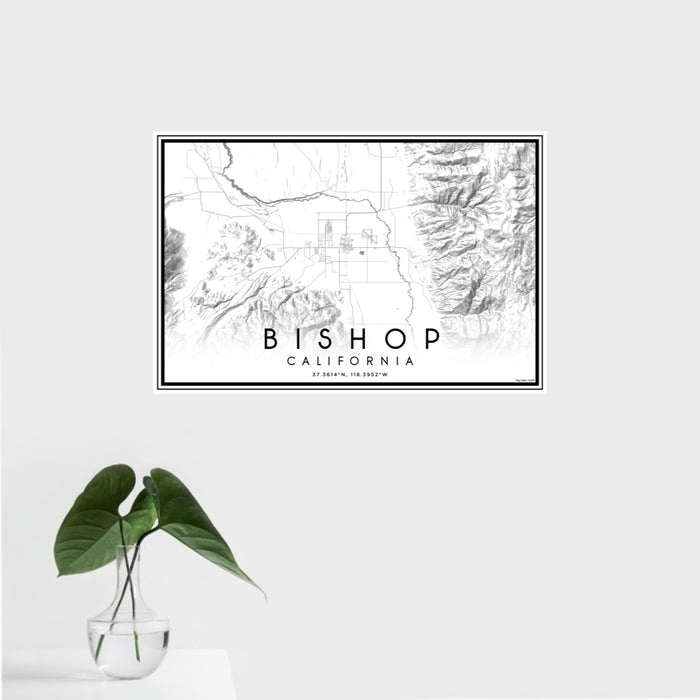 16x24 Bishop California Map Print Landscape Orientation in Classic Style With Tropical Plant Leaves in Water