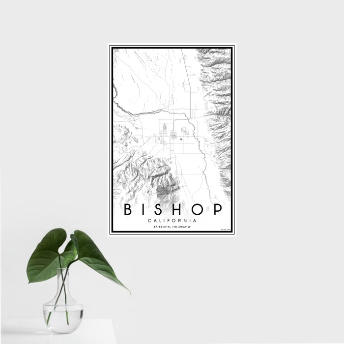 16x24 Bishop California Map Print Portrait Orientation in Classic Style With Tropical Plant Leaves in Water