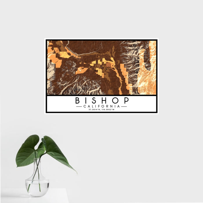 16x24 Bishop California Map Print Landscape Orientation in Ember Style With Tropical Plant Leaves in Water
