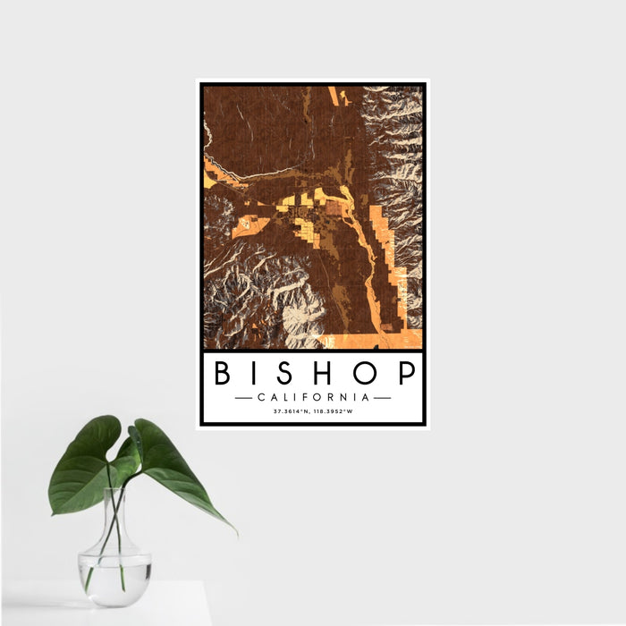 16x24 Bishop California Map Print Portrait Orientation in Ember Style With Tropical Plant Leaves in Water