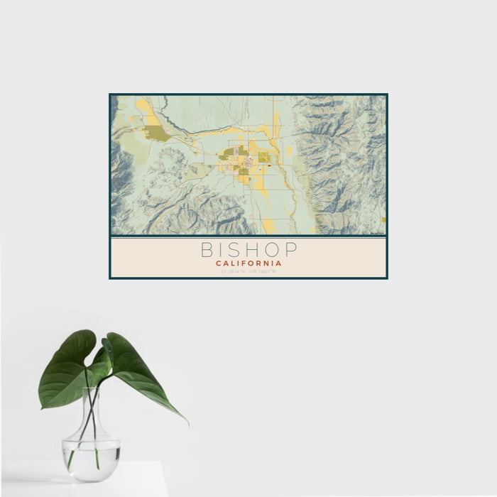 16x24 Bishop California Map Print Landscape Orientation in Woodblock Style With Tropical Plant Leaves in Water