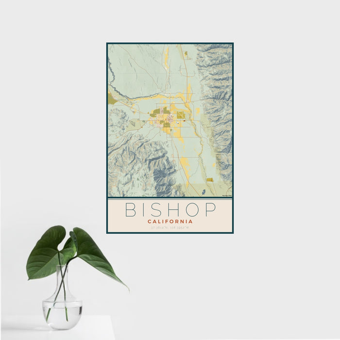 16x24 Bishop California Map Print Portrait Orientation in Woodblock Style With Tropical Plant Leaves in Water