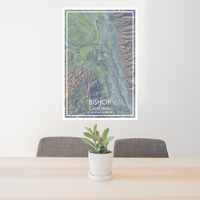 24x36 Bishop California Map Print Portrait Orientation in Afternoon Style Behind 2 Chairs Table and Potted Plant