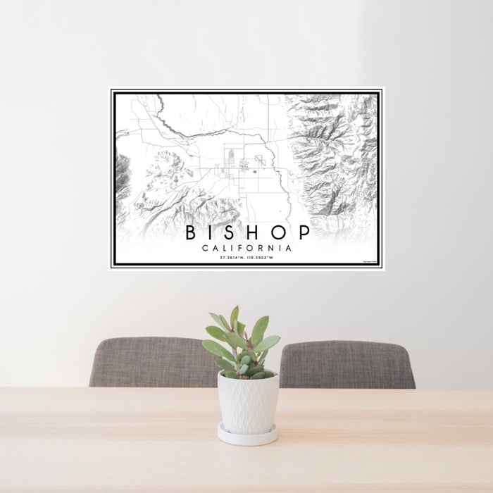 24x36 Bishop California Map Print Lanscape Orientation in Classic Style Behind 2 Chairs Table and Potted Plant