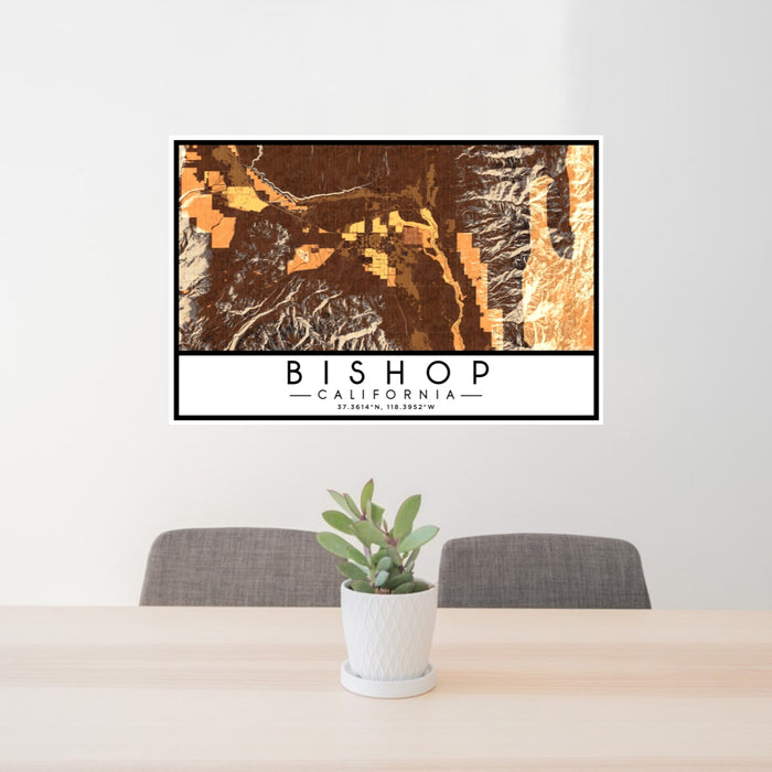 24x36 Bishop California Map Print Lanscape Orientation in Ember Style Behind 2 Chairs Table and Potted Plant