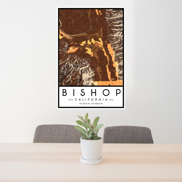 24x36 Bishop California Map Print Portrait Orientation in Ember Style Behind 2 Chairs Table and Potted Plant