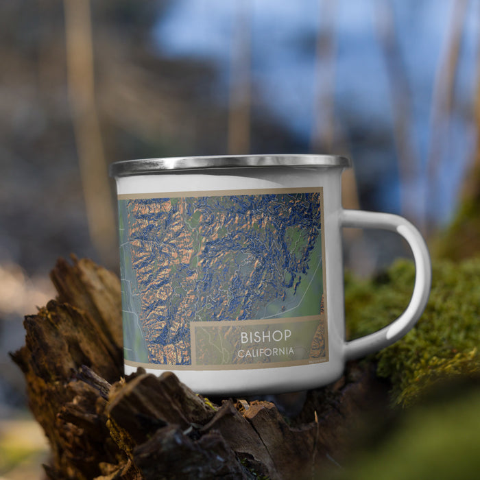Right View Custom Bishop California Map Enamel Mug in Afternoon on Grass With Trees in Background