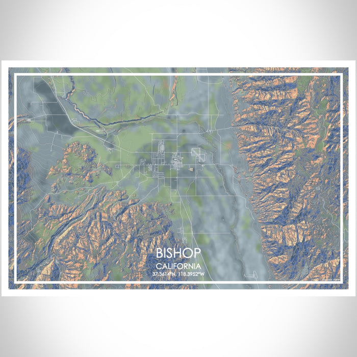 Bishop California Map Print Landscape Orientation in Afternoon Style With Shaded Background