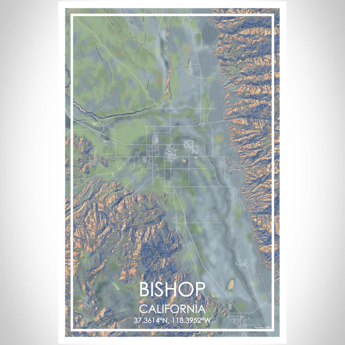 Bishop California Map Print Portrait Orientation in Afternoon Style With Shaded Background