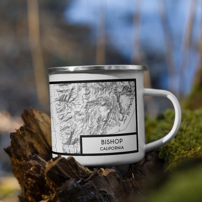 Right View Custom Bishop California Map Enamel Mug in Classic on Grass With Trees in Background