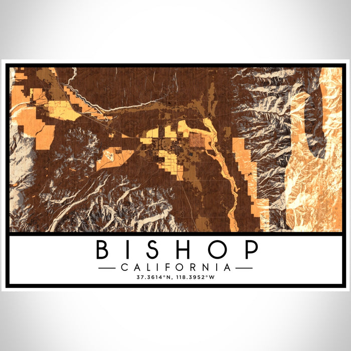 Bishop California Map Print Landscape Orientation in Ember Style With Shaded Background