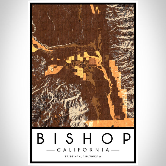 Bishop California Map Print Portrait Orientation in Ember Style With Shaded Background
