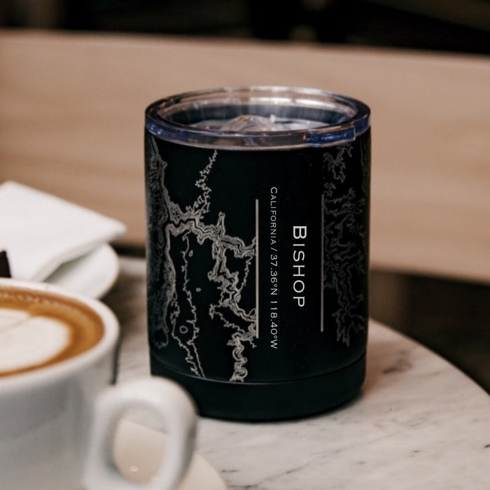 Bishop California Custom Engraved City Map Inscription Coordinates on 10oz Stainless Steel Insulated Cup with Sliding Lid in Black