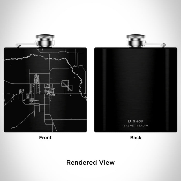 Rendered View of Bishop California Map Engraving on 6oz Stainless Steel Flask in Black