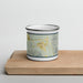 Front View Custom Bishop California Map Enamel Mug in Woodblock on Cutting Board