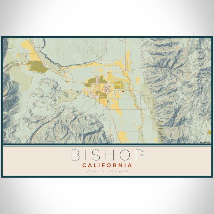 Bishop California Map Print Landscape Orientation in Woodblock Style With Shaded Background