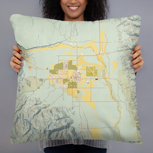 Person holding 22x22 Custom Bishop California Map Throw Pillow in Woodblock