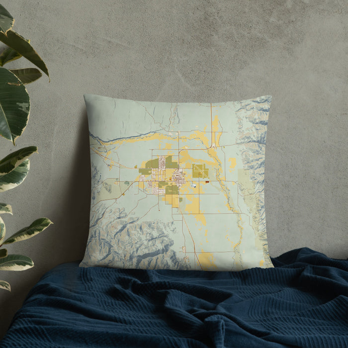 Custom Bishop California Map Throw Pillow in Woodblock on Bedding Against Wall