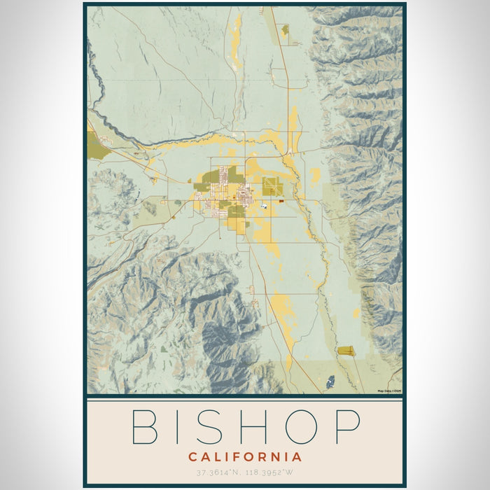 Bishop California Map Print Portrait Orientation in Woodblock Style With Shaded Background