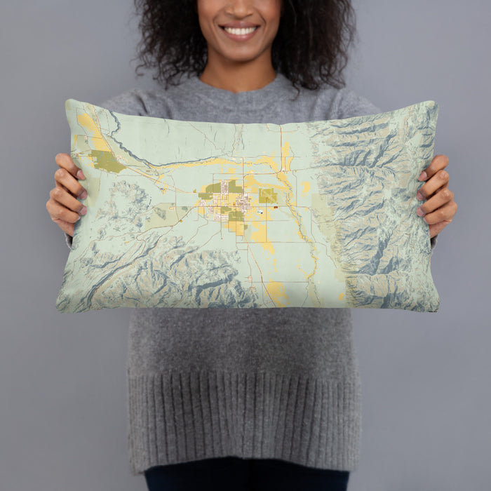 Person holding 20x12 Custom Bishop California Map Throw Pillow in Woodblock