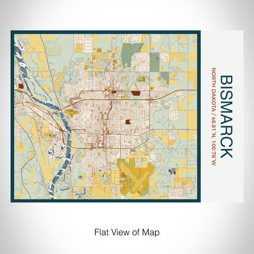 Rendered View of Bismarck North Dakota Map on 20oz Stainless Steel Insulated Bottle with Bamboo Top with printed woodblock style map