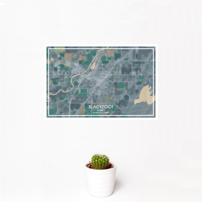 12x18 Blackfoot Idaho Map Print Landscape Orientation in Afternoon Style With Small Cactus Plant in White Planter