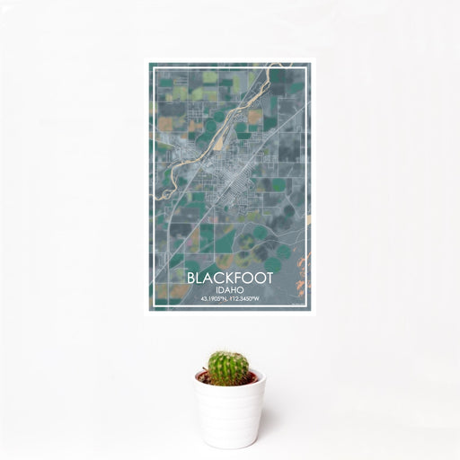 12x18 Blackfoot Idaho Map Print Portrait Orientation in Afternoon Style With Small Cactus Plant in White Planter